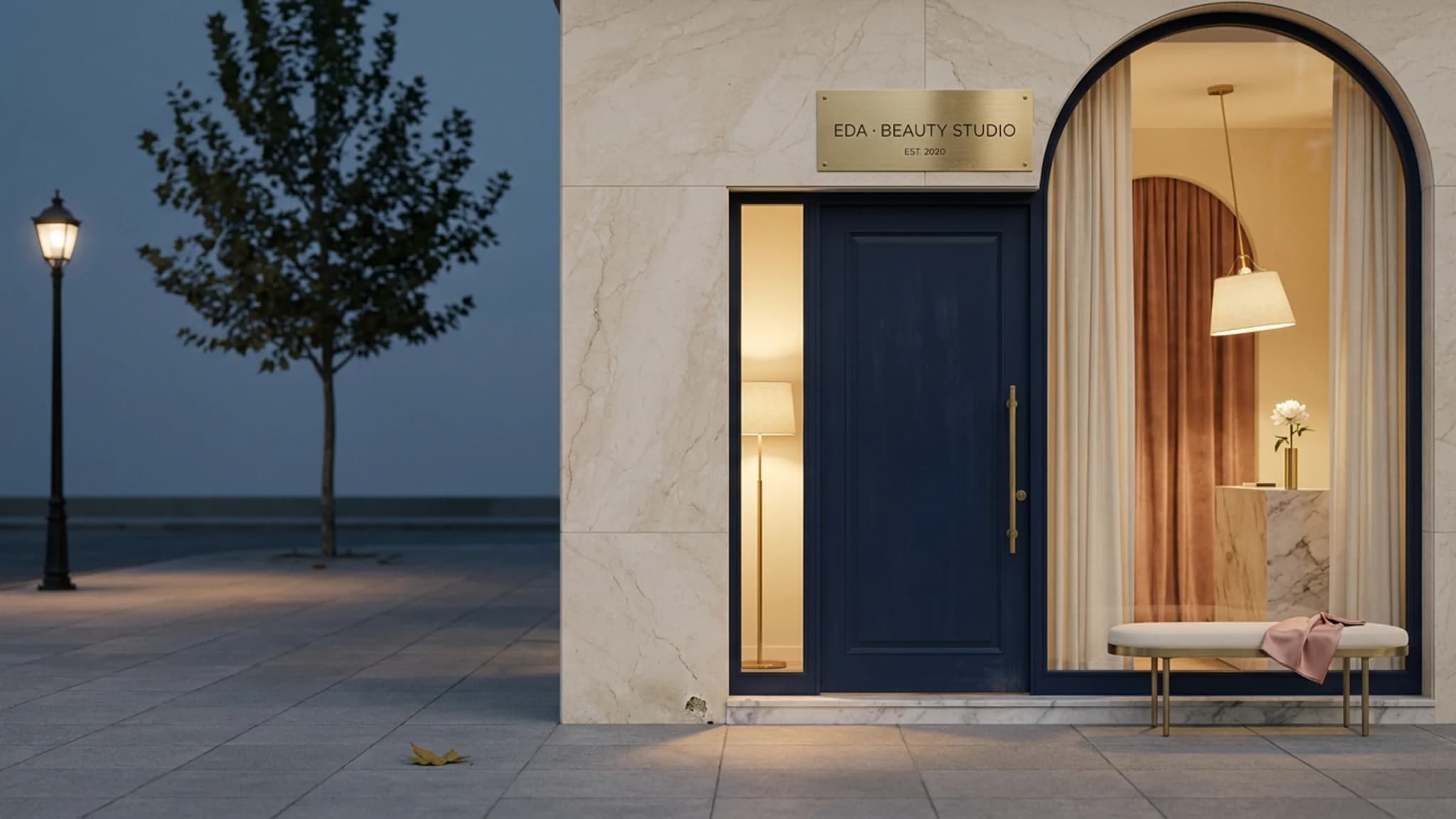 Eda Beauty Studio Ataşehir Batı dış cephe, modern boutique navy door + brass plaque + dusty rose-gold accent, 2020'den beri editorial sophisticated